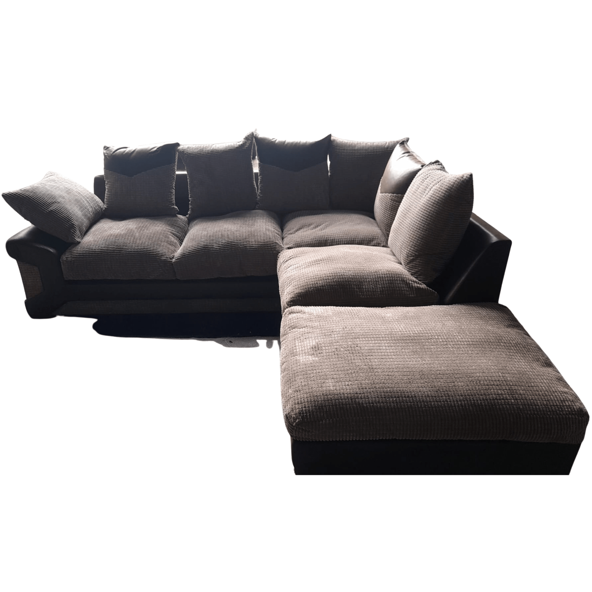 Brown sectional sofa with cushions on a white background