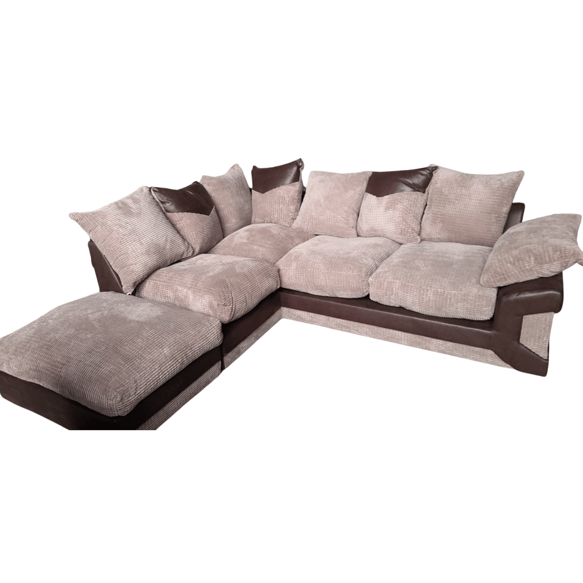 Sectional sofa with brown and gray cushions on a white background