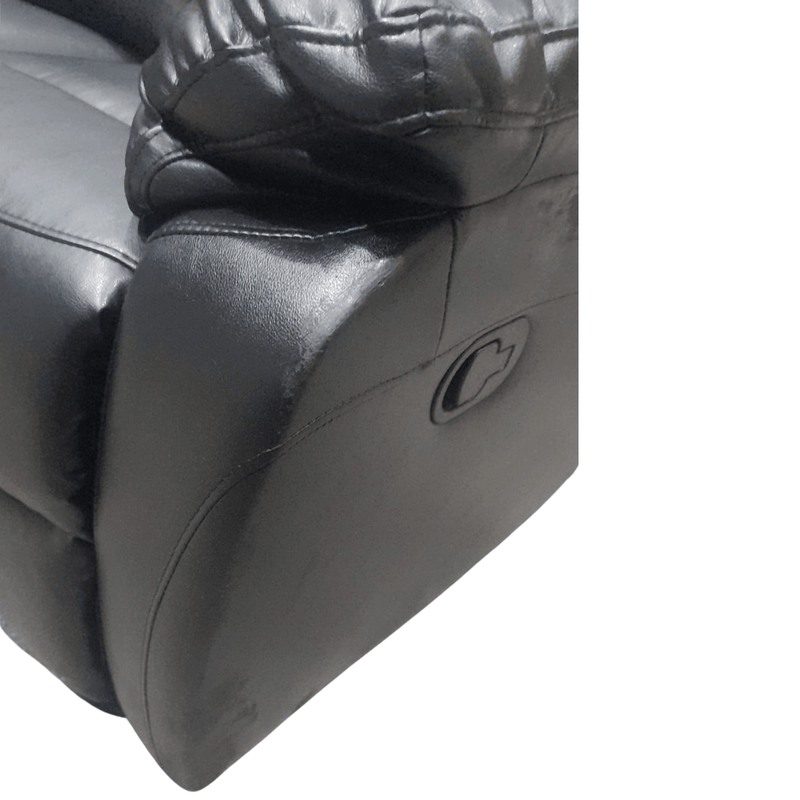 close up of black leather 3 seater sofa 