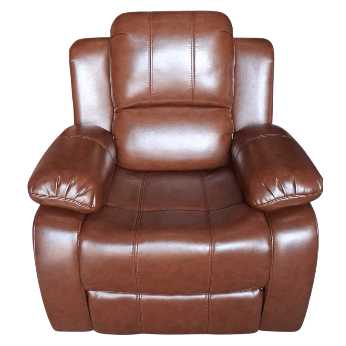A brown faux leather recliner armchair with padded armrests and a segmented backrest, shown against a plain white background.