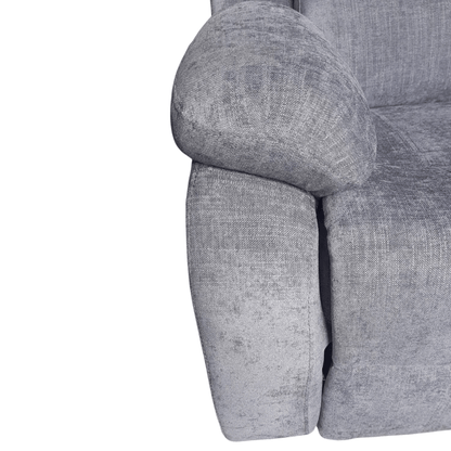 Gray upholstered chair with a focus on the armrest and seat on a white background