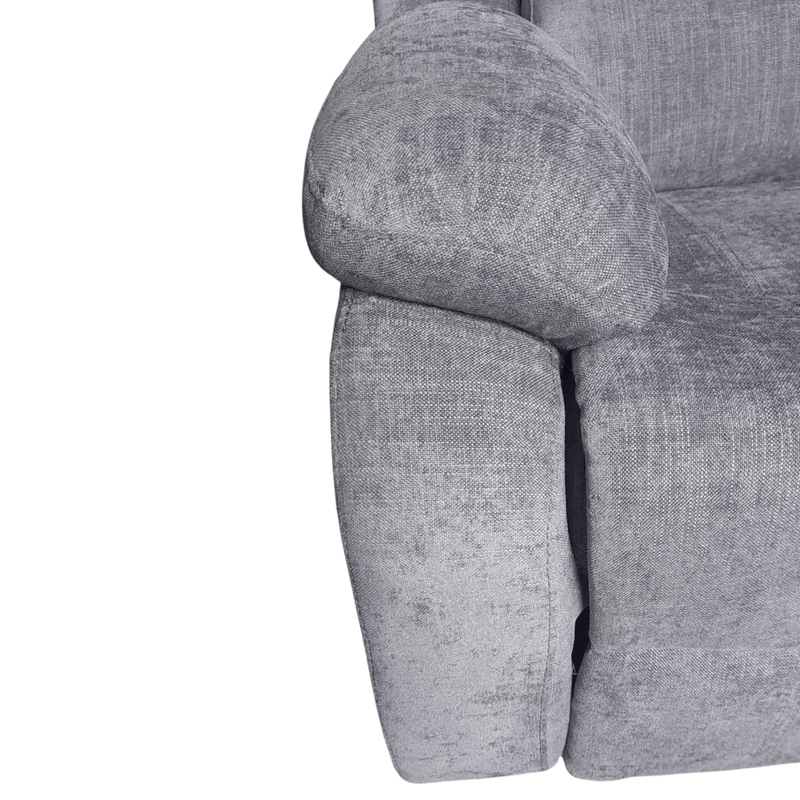 Gray upholstered chair with a focus on the armrest and seat on a white background