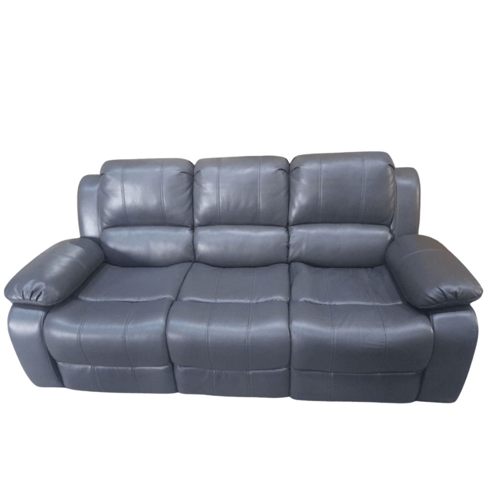 Modern Valerie 3-seater sofa in grey leather finish, set against a white background