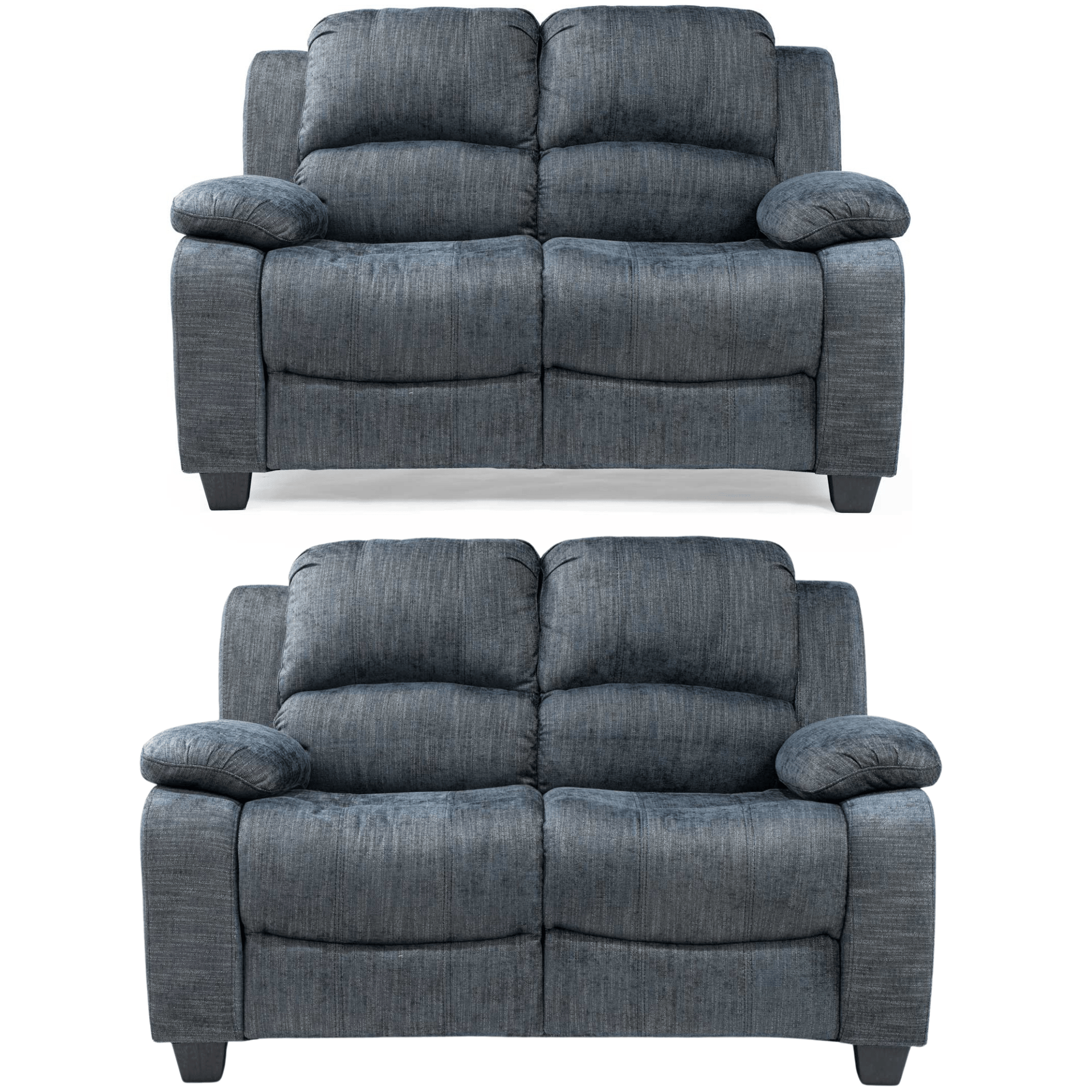Two gray recliner sofas on a white background