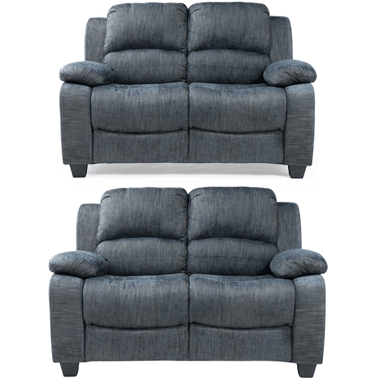 Two gray recliner sofas on a white background