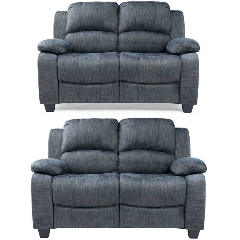 Two gray recliner sofas on a white background