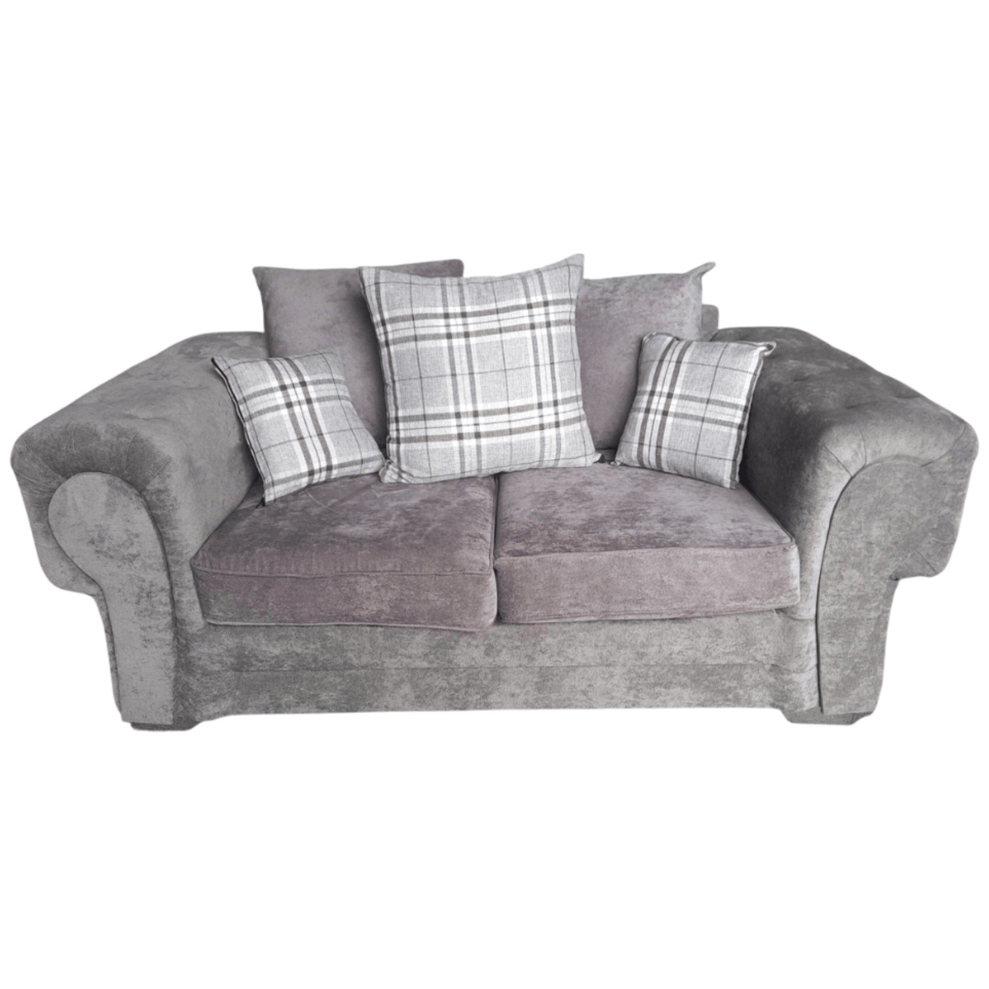 Gray sofa with plaid cushions on a white background
