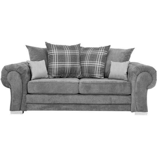Gray sofa with plaid and solid cushions on a white background