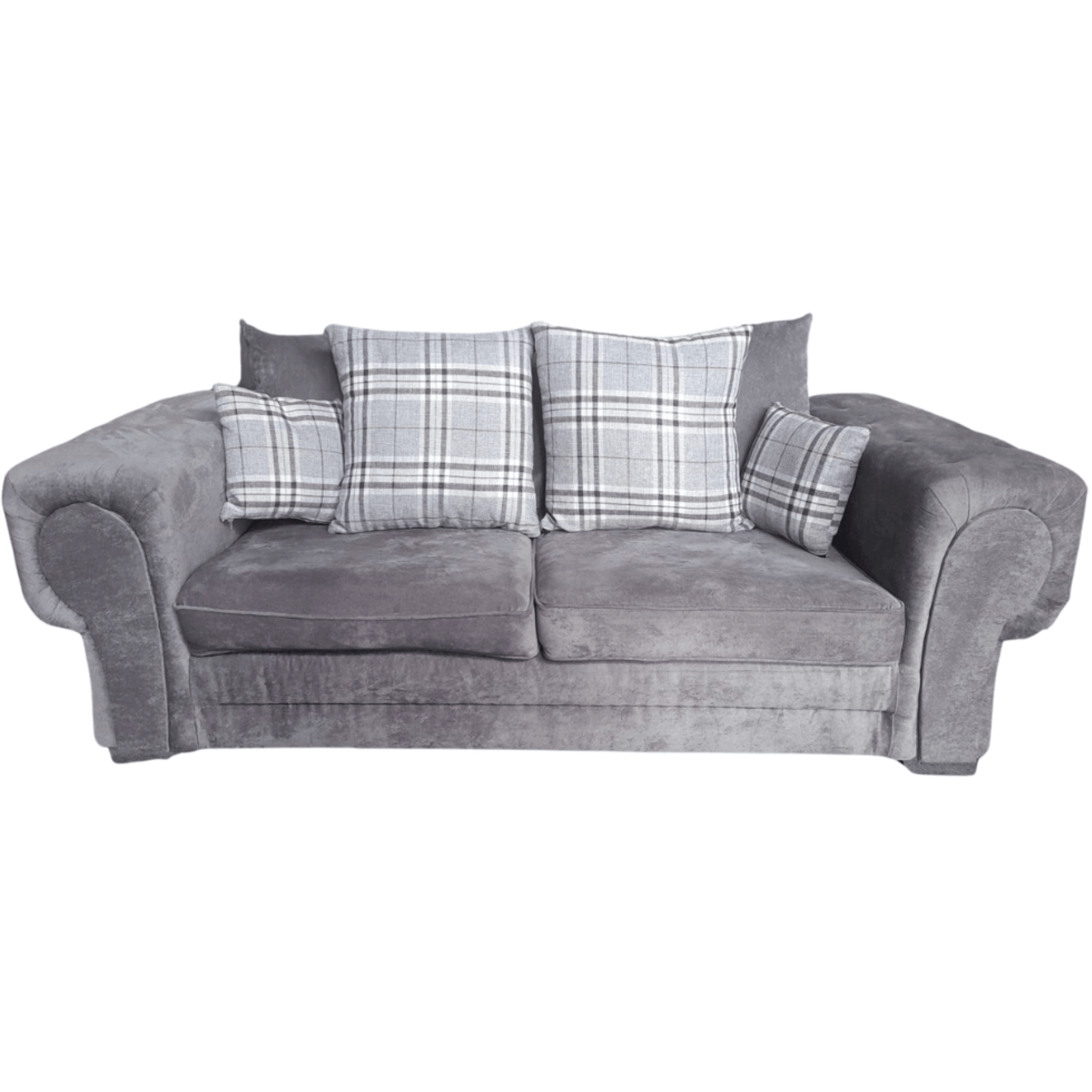 Gray sofa with plaid cushions on a white background