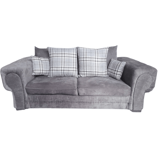 Gray sofa with plaid cushions on a white background