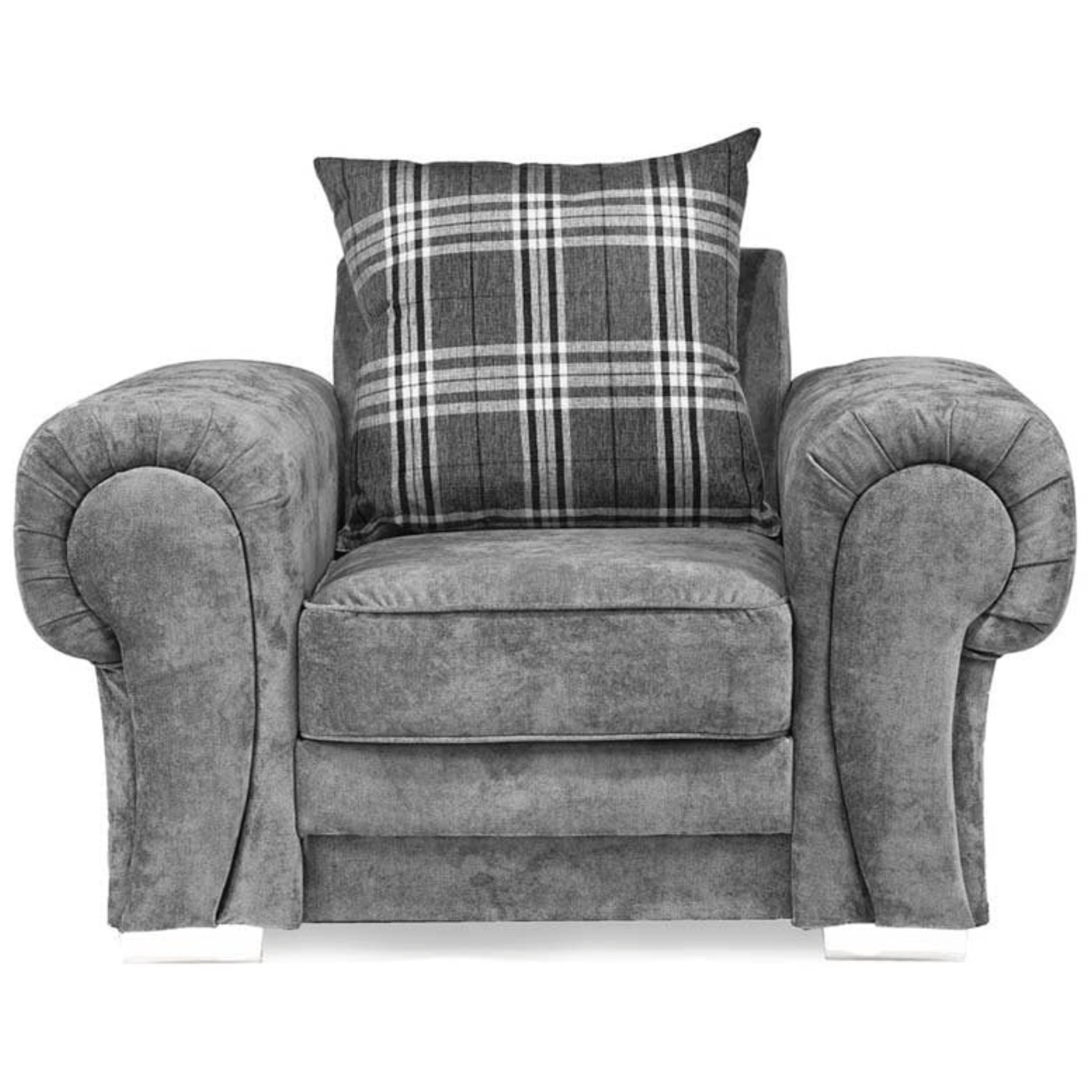 Gray armchair with a plaid pillow on a white background