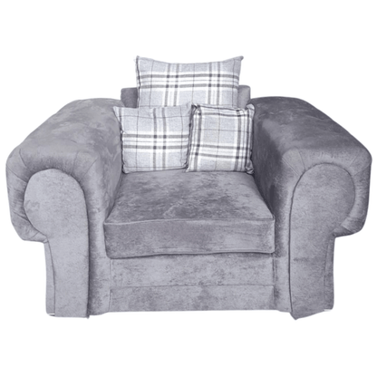 Gray armchair with plaid cushions on a white background