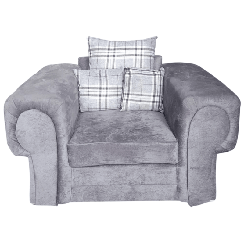 Gray armchair with plaid cushions on a white background