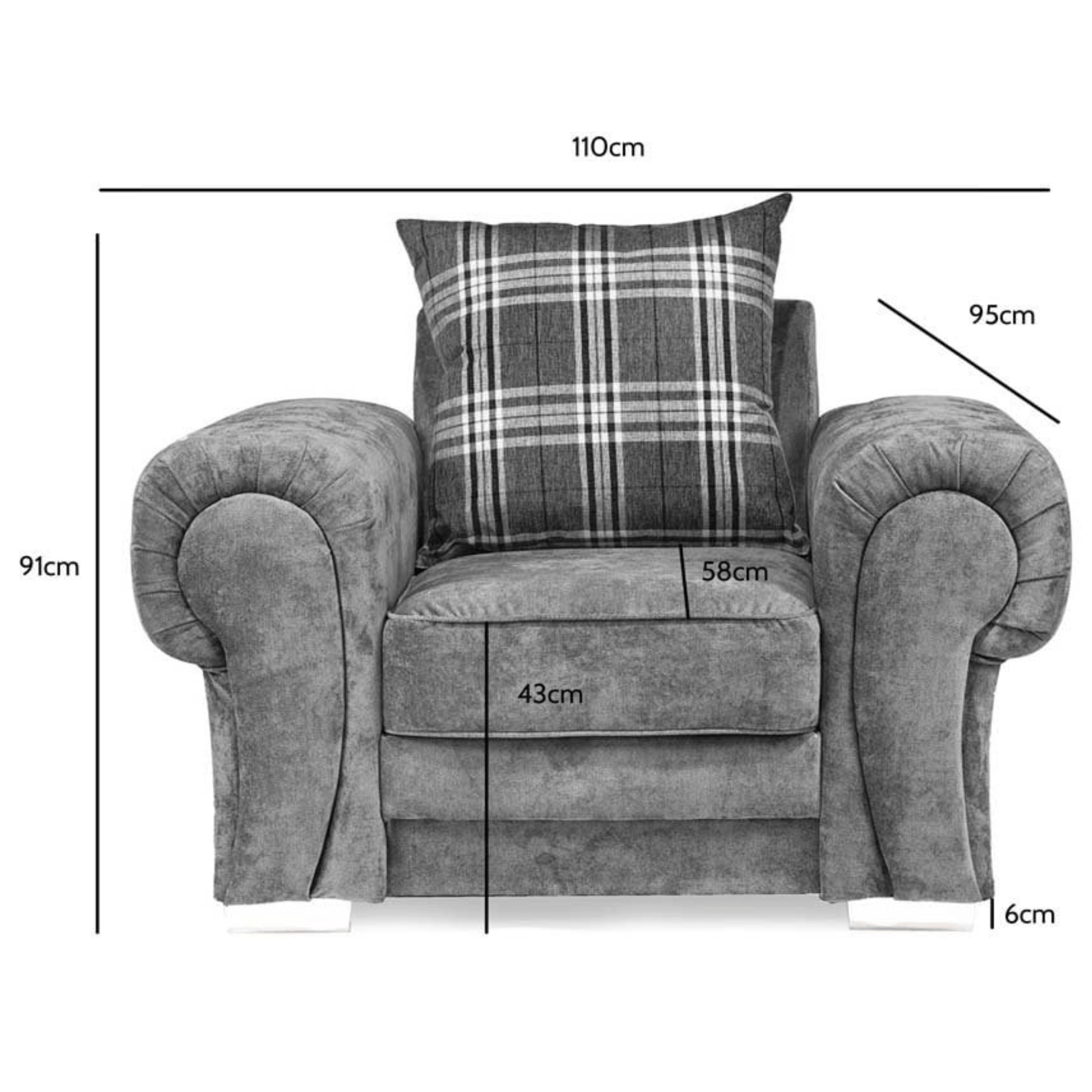 Gray armchair with a plaid pillow, shown with dimensions on a white background