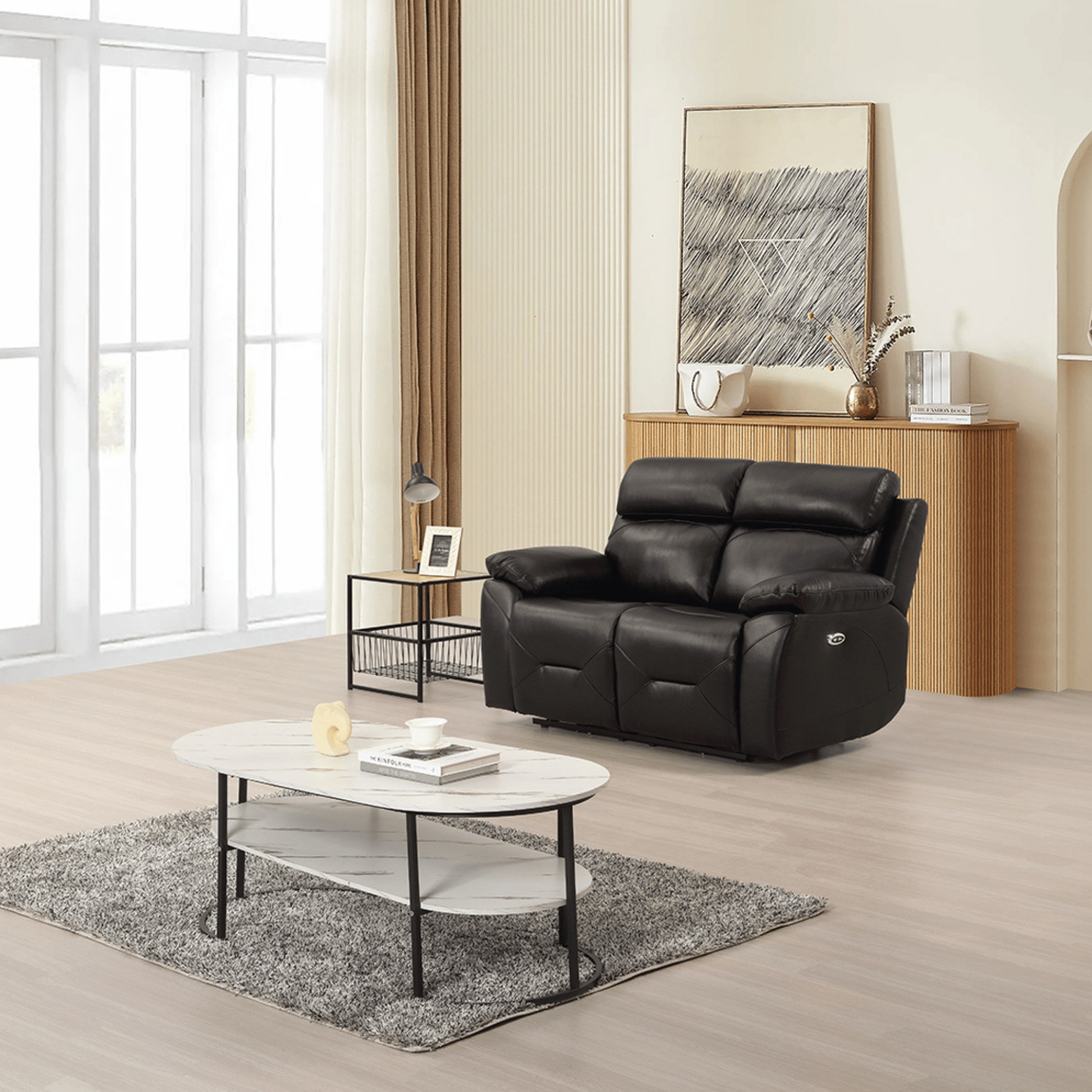 Renato Black 2-seater sofa in a modern roomset, black upholstery, stylish and comfortable living room furniture