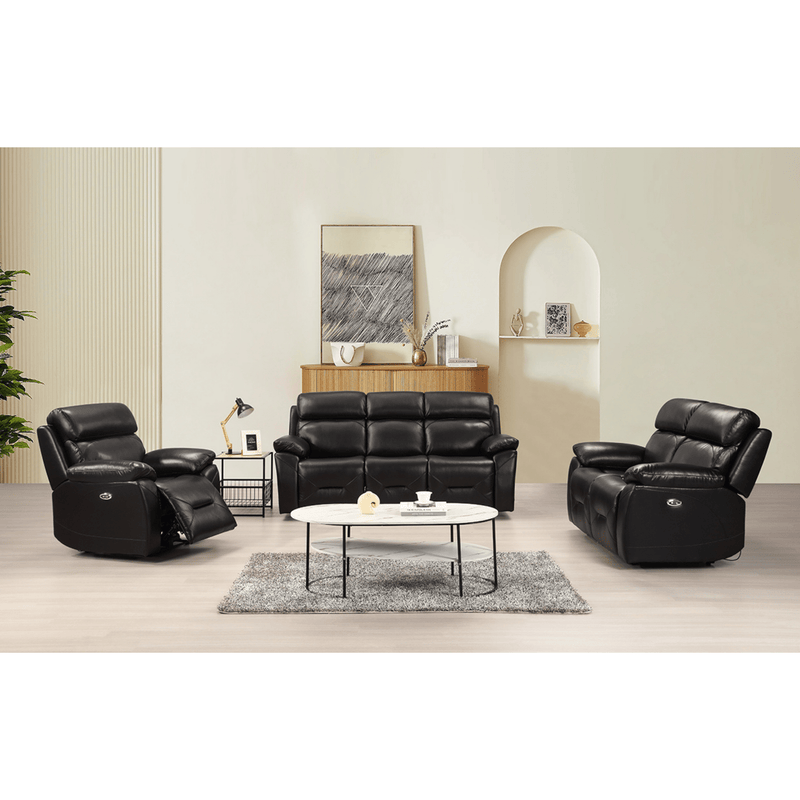Renato Black 3+2+1 sofa combo in a modern roomset, black upholstery, stylish and comfortable living room furniture set