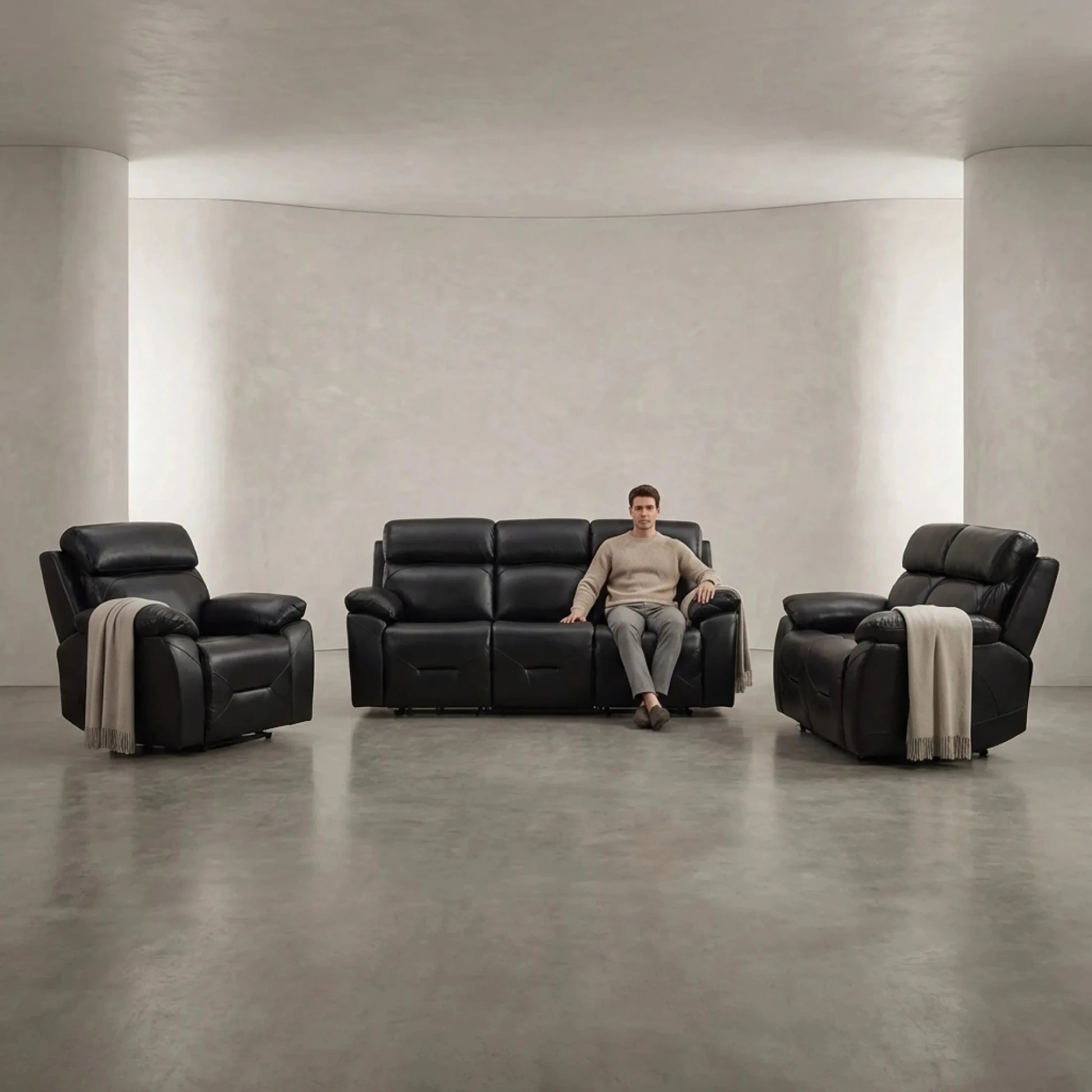 Renato Genuine Leather Black Electric Power Recliner 3+2+1 Seater Sofa Set - Furniture Instore