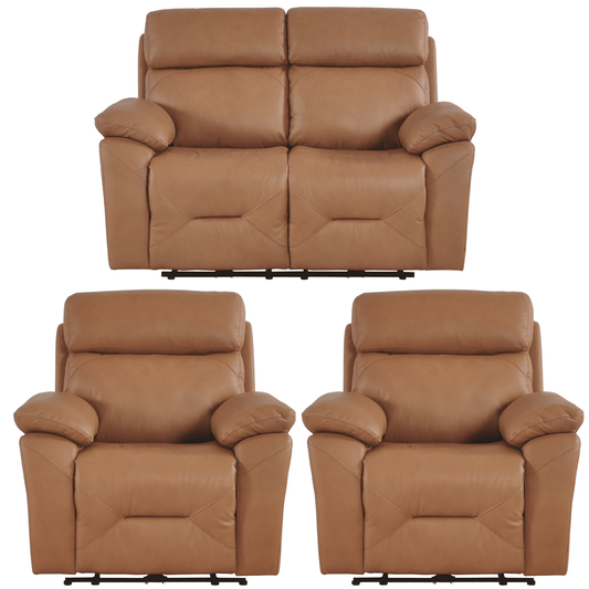 Brown leather recliner sofa set on a white background