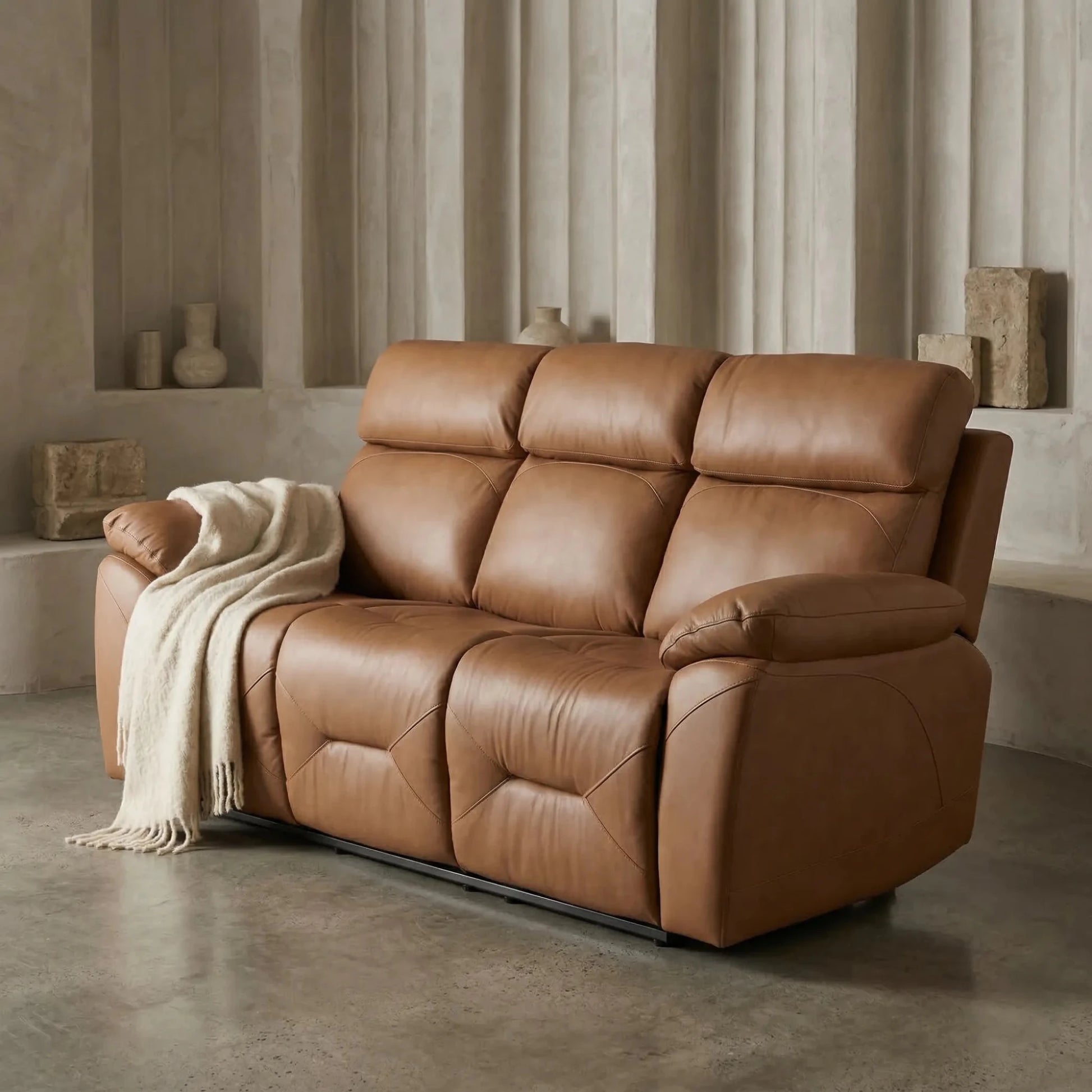Renato Genuine Leather Caramel Electric Power Recliner 3 Seater Sofa - Furniture Instore