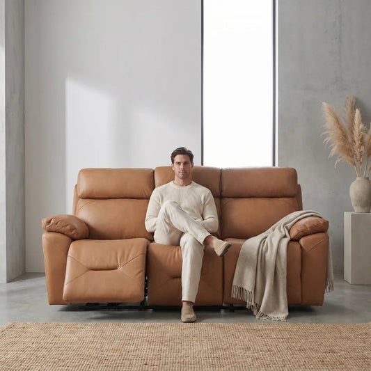 Renato Genuine Leather Caramel Electric Power Recliner 3 Seater Sofa - Furniture Instore