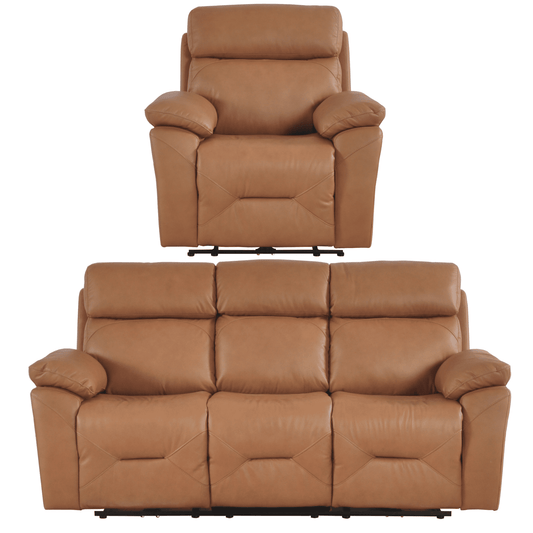 Brown leather recliner chair and sofa set on a white background