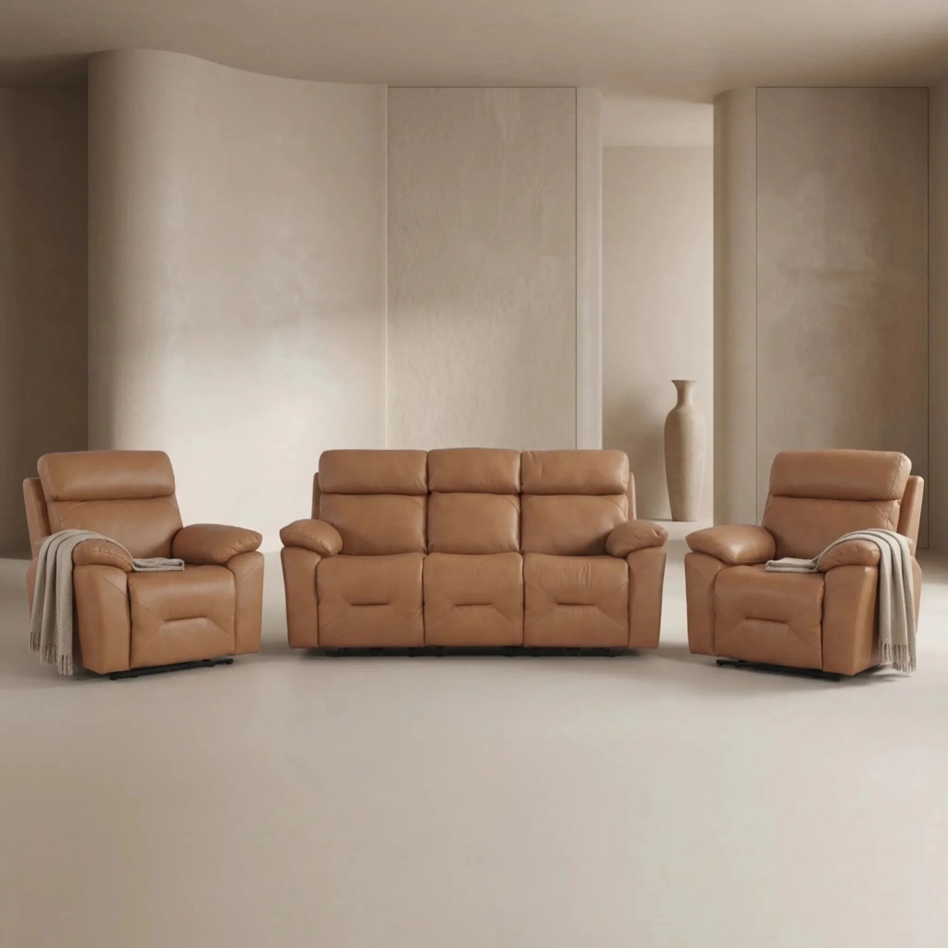 Renato Genuine Leather Caramel Electric Power Recliner 3+1+1 Seater Sofa Set - Furniture Instore