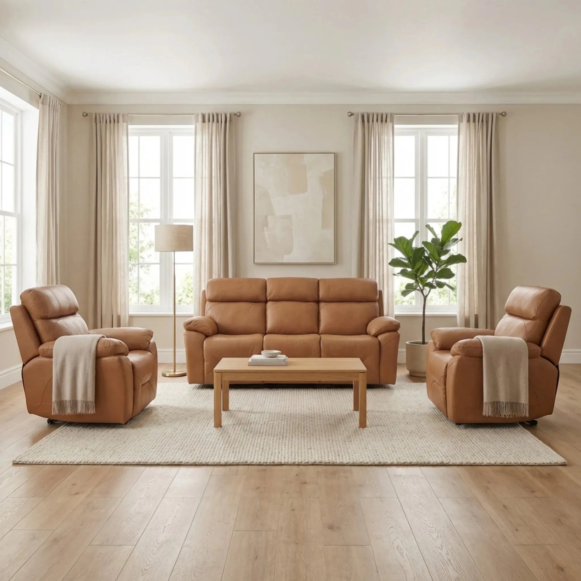 Renato Genuine Leather Caramel Electric Power Recliner 3+1+1 Seater Sofa Set - Furniture Instore