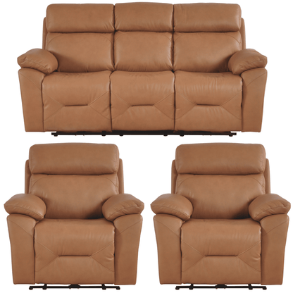 Brown leather sofa and two recliner chairs on a white background