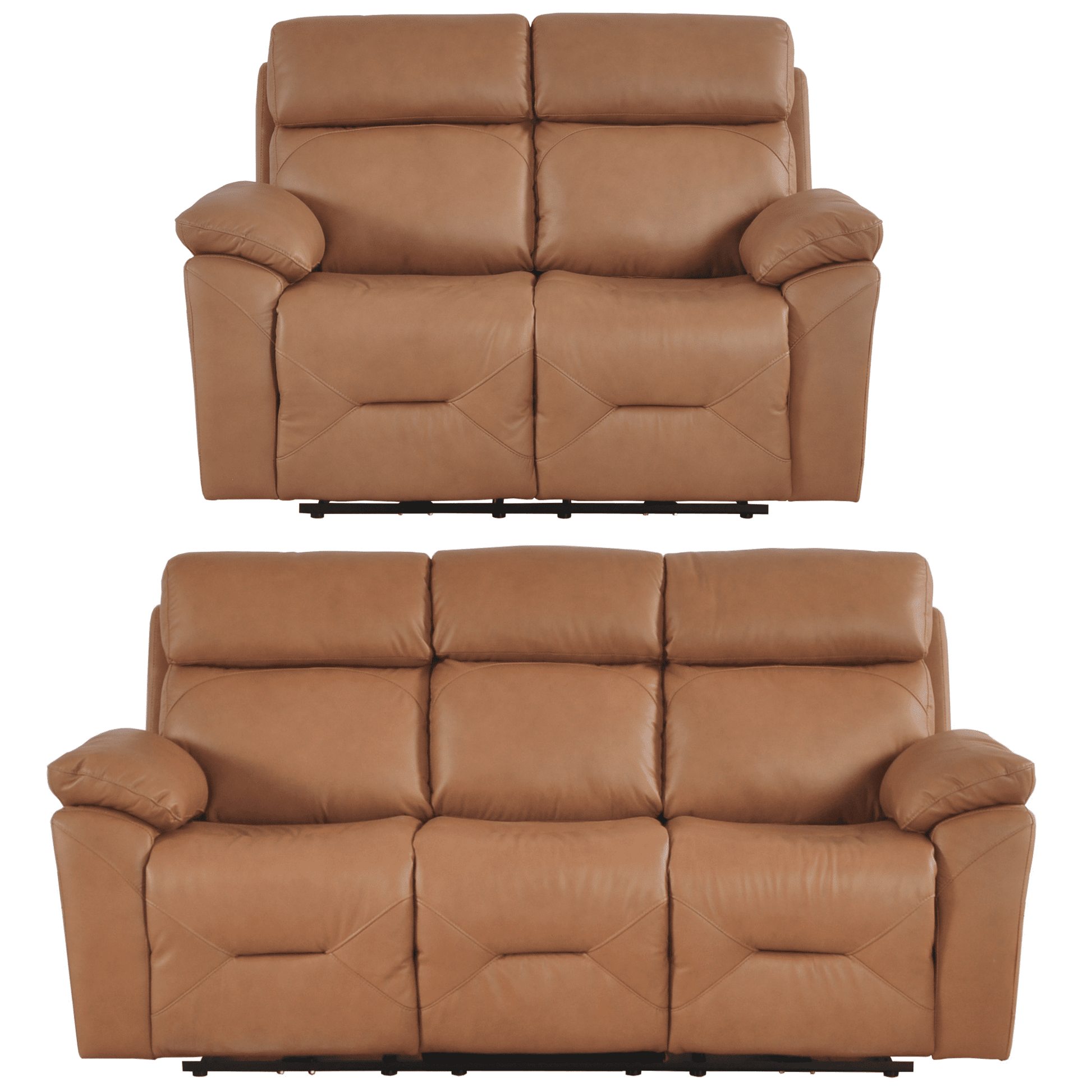Two brown leather recliners on a white background
