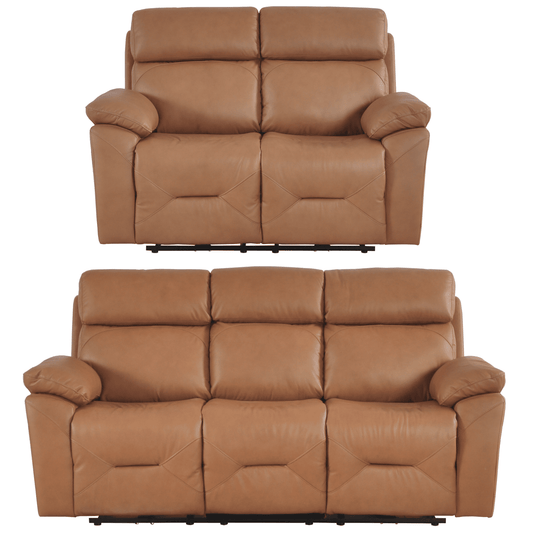 Two brown leather recliners on a white background