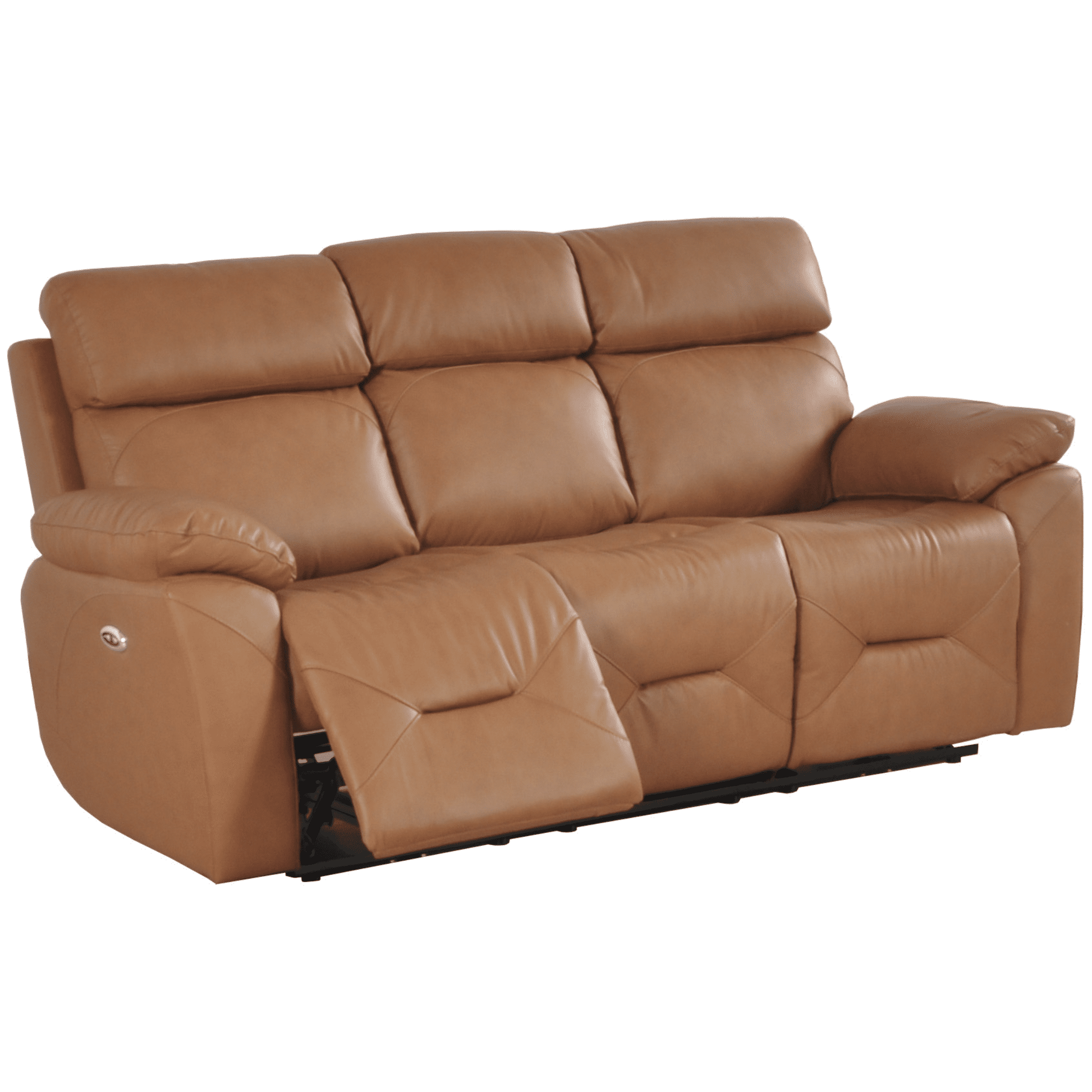 Brown leather sofa with reclining feature on a white background
