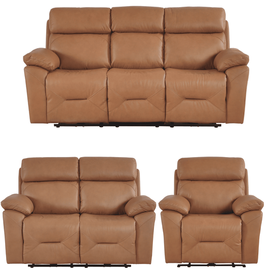 Brown leather sofa set with recliner on a white background