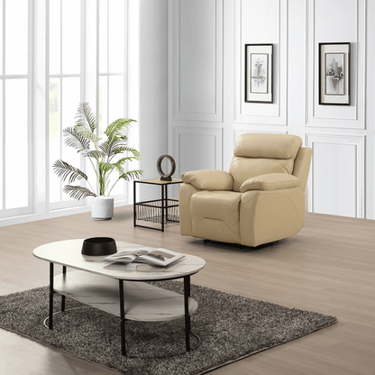 Renato Cream armchair at an angle in a cozy, modern living room setting with natural light