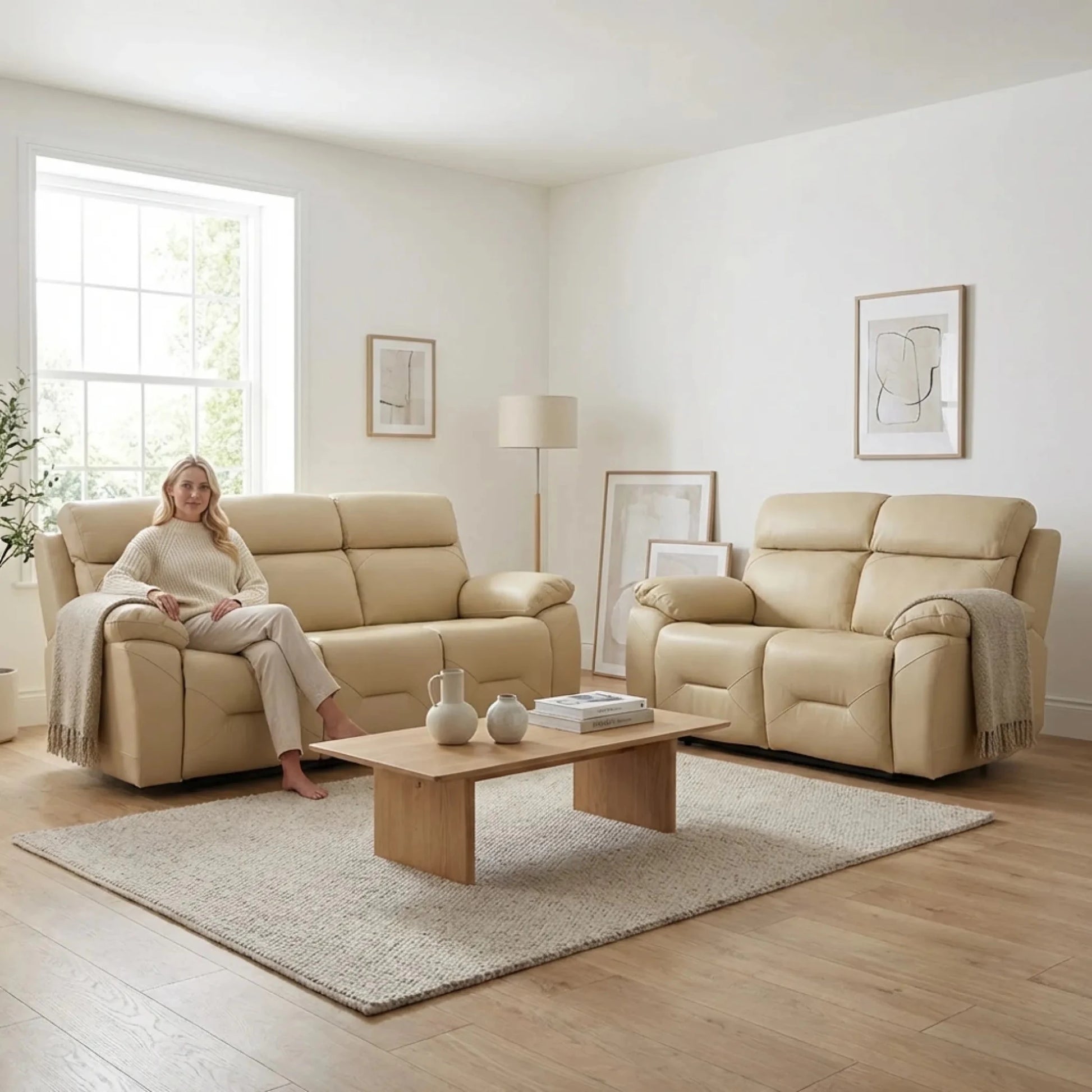 Renato Genuine Leather Cream Electric Power Recliner 3+2 Seater Sofa Set - Furniture Instore