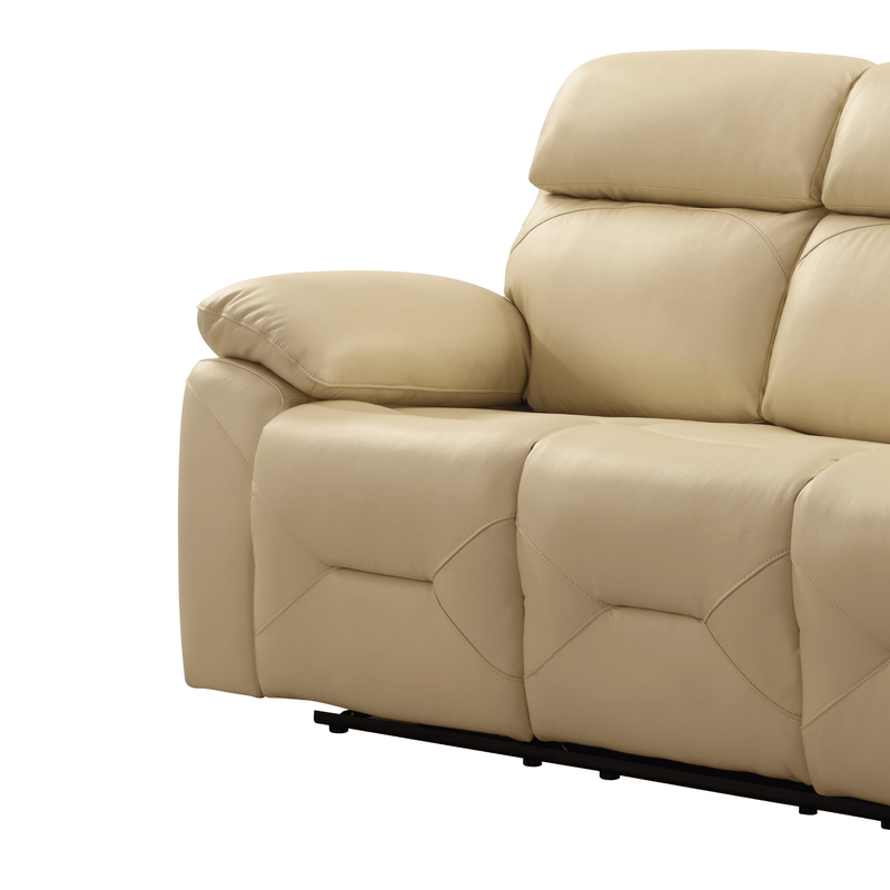 Close-up of Renato Cream 3-seater sofa highlighting soft, textured fabric upholstery and stitching details