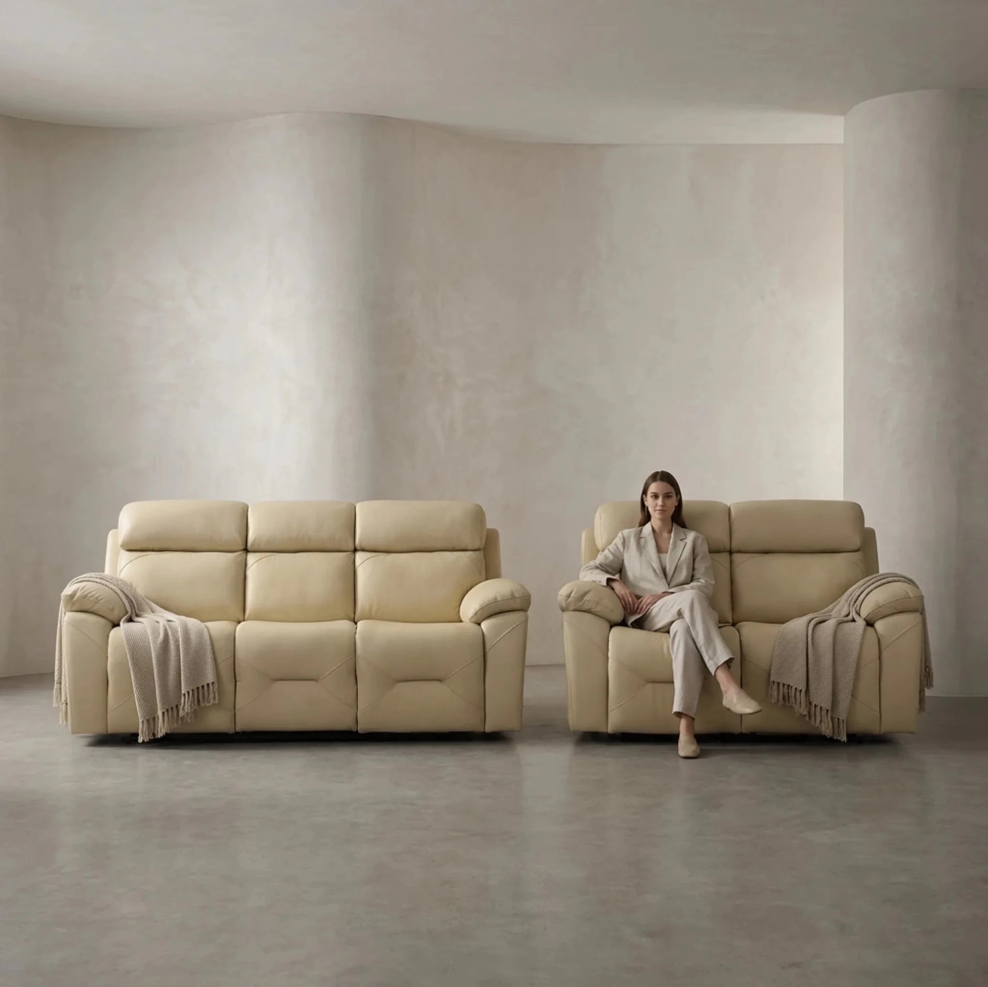 Renato Genuine Leather Cream Electric Power Recliner 3+2 Seater Sofa Set - Furniture Instore