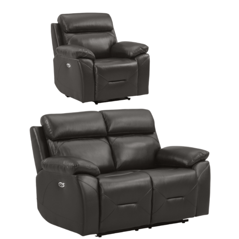 Black leather recliner chair and loveseat set on a white background