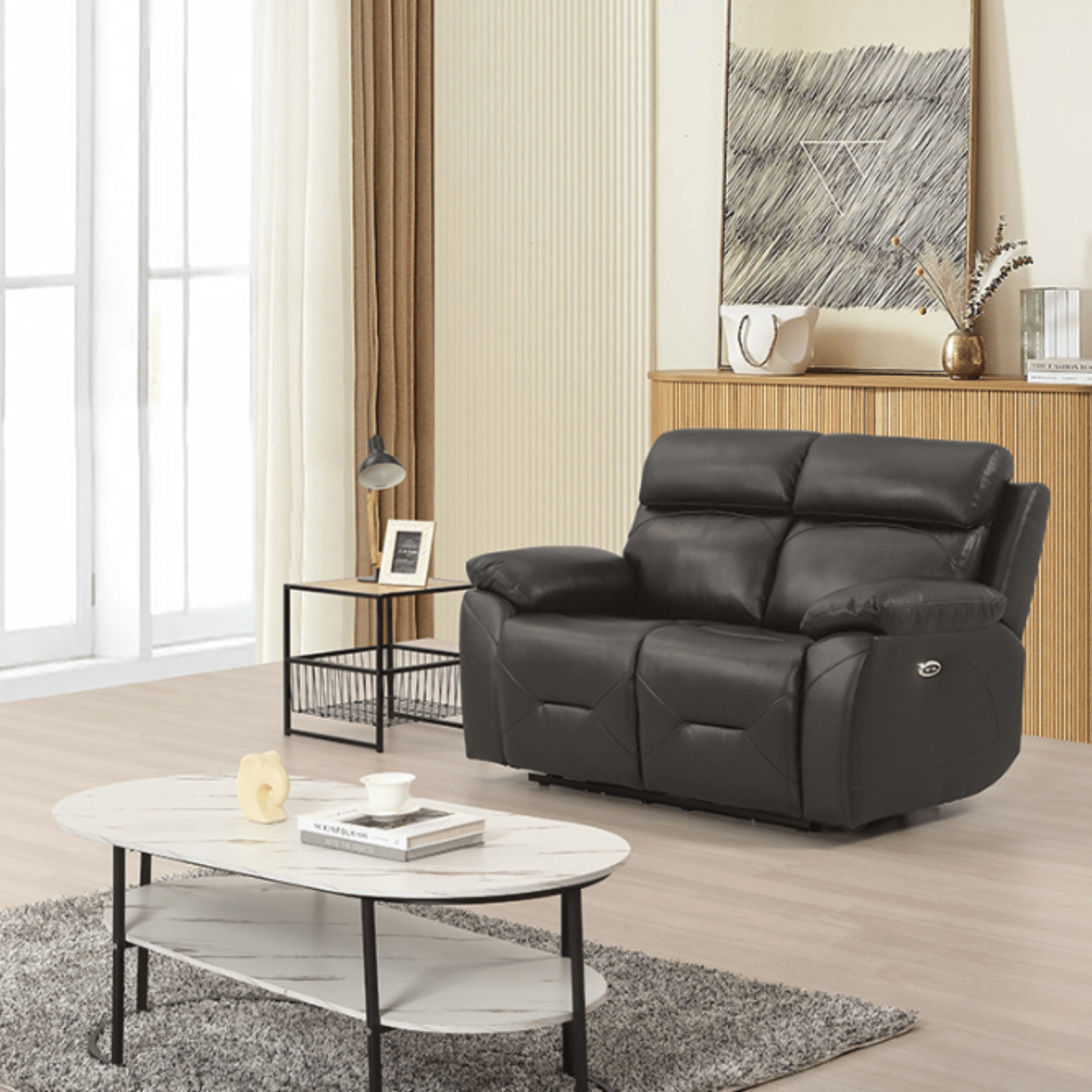 Renato Grey 2-seater sofa in a stylish roomset, soft grey fabric, contemporary and comfortable living room furniture.