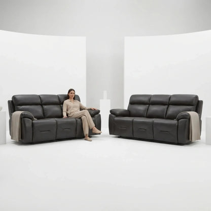Renato Genuine Leather Grey Electric Power Recliner 3+3 Seater Sofa Set - Furniture Instore