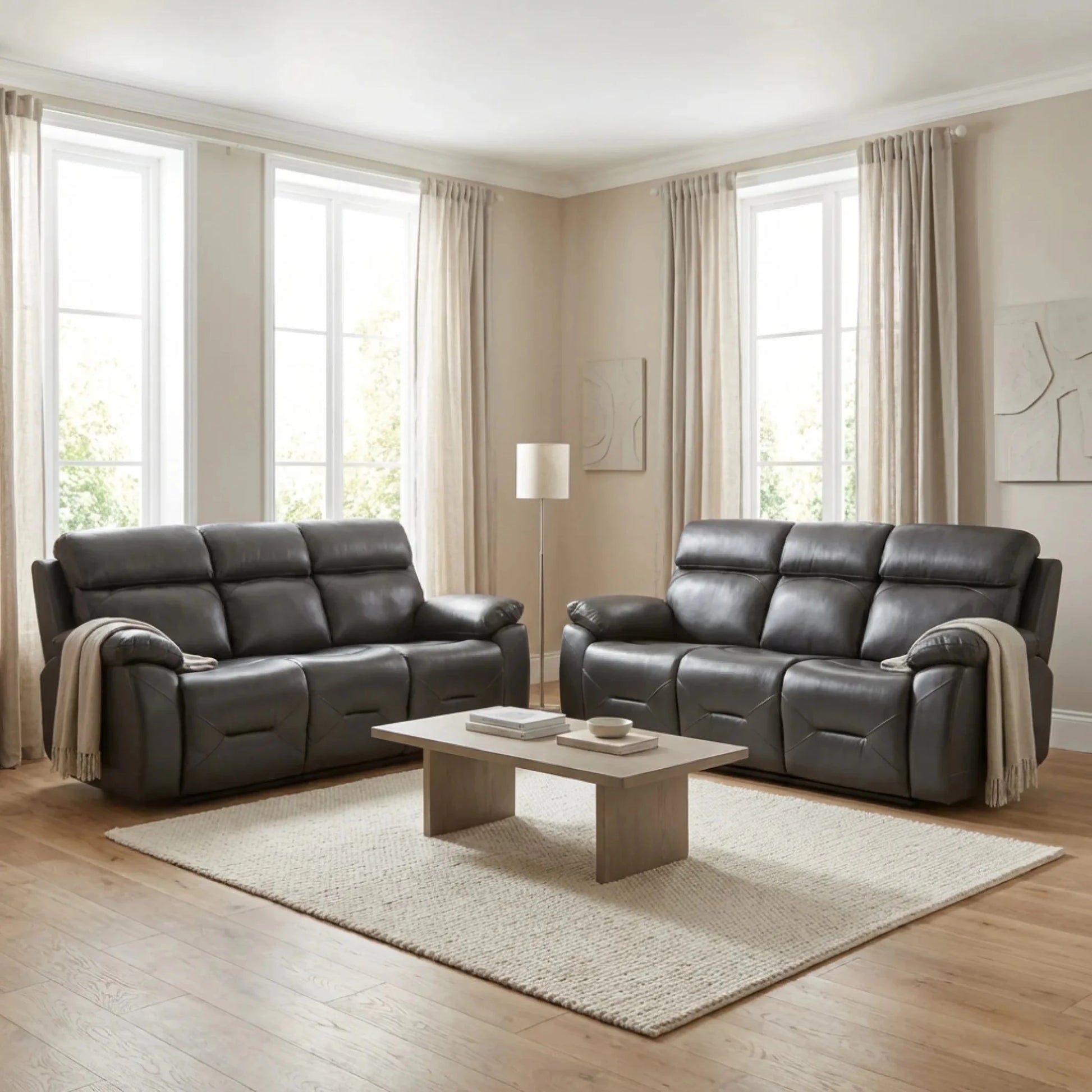 Renato Genuine Leather Grey Electric Power Recliner 3+3 Seater Sofa Set - Furniture Instore
