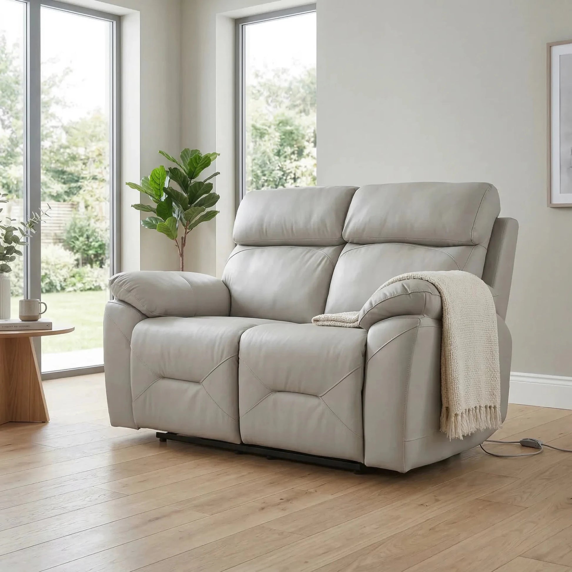 Renato Genuine Leather Light Grey Electric Power Recliner 2 Seater Sofa - Furniture Instore