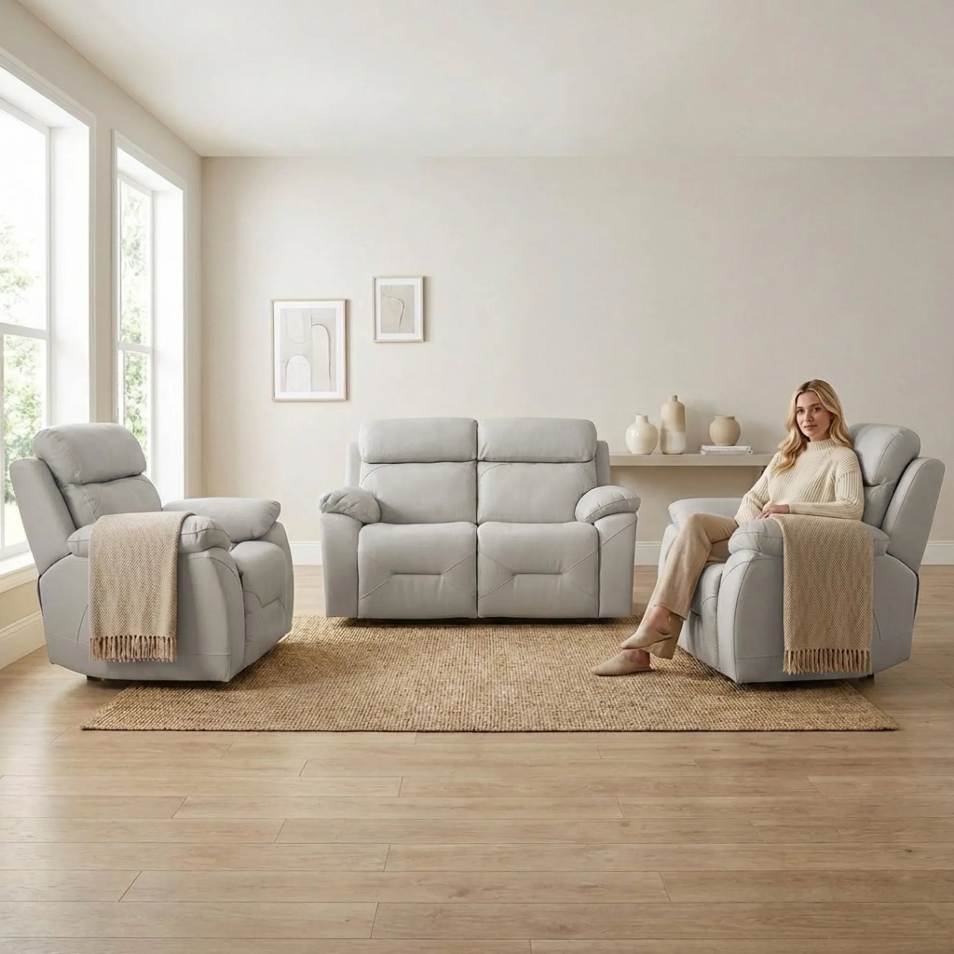 Renato Genuine Leather Light Grey Electric Power Recliner 2+1+1 Seater Sofa Set - Furniture Instore