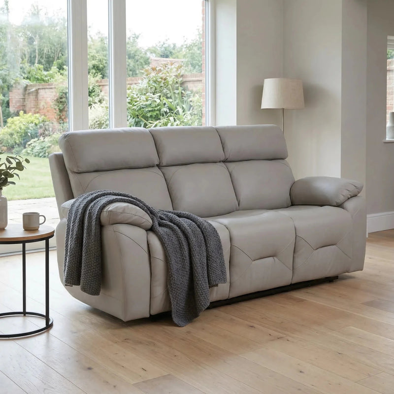 Renato Genuine Leather Light Grey Electric Power Recliner 3 Seater Sofa - Furniture Instore