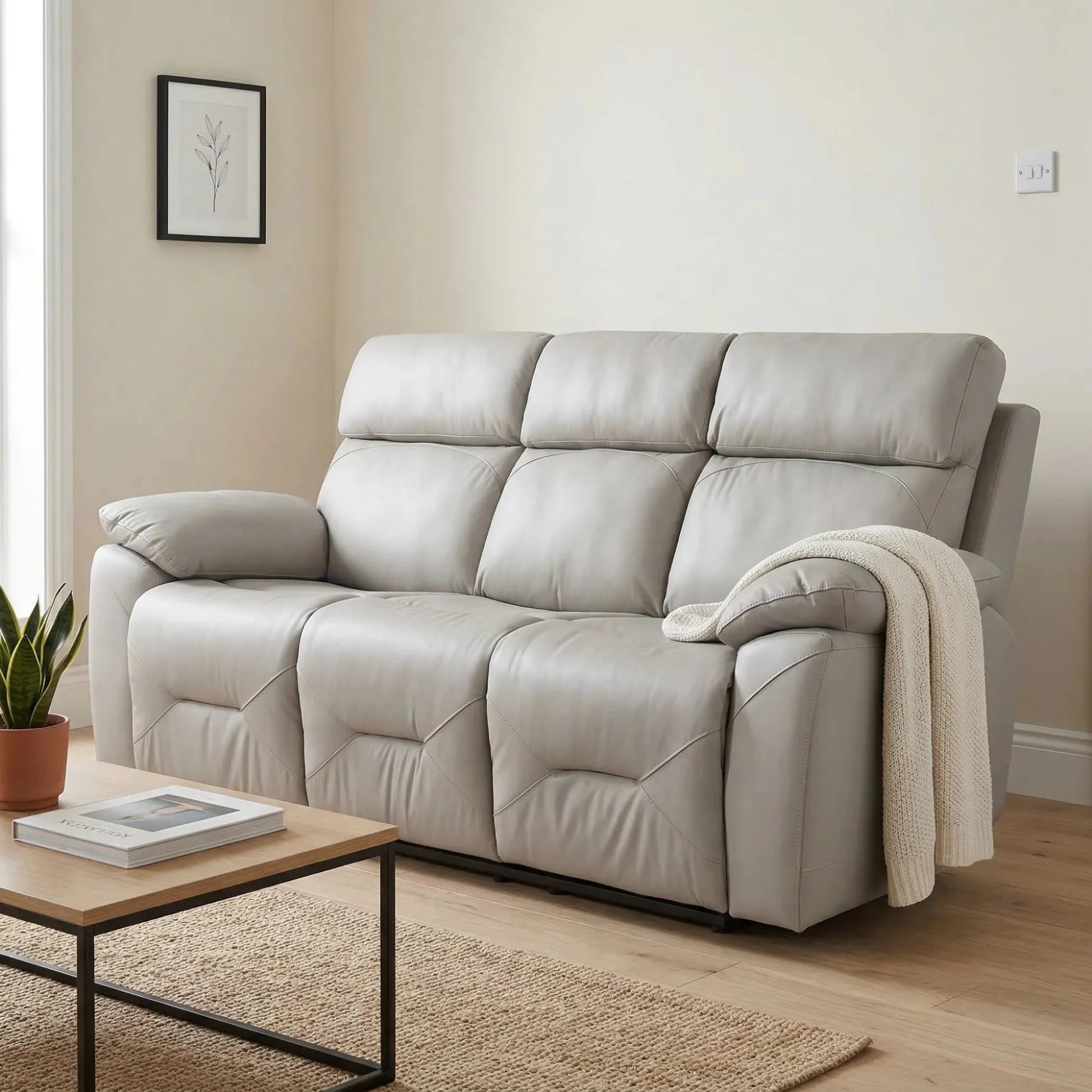 Renato Genuine Leather Light Grey Electric Power Recliner 3 Seater Sofa - Furniture Instore