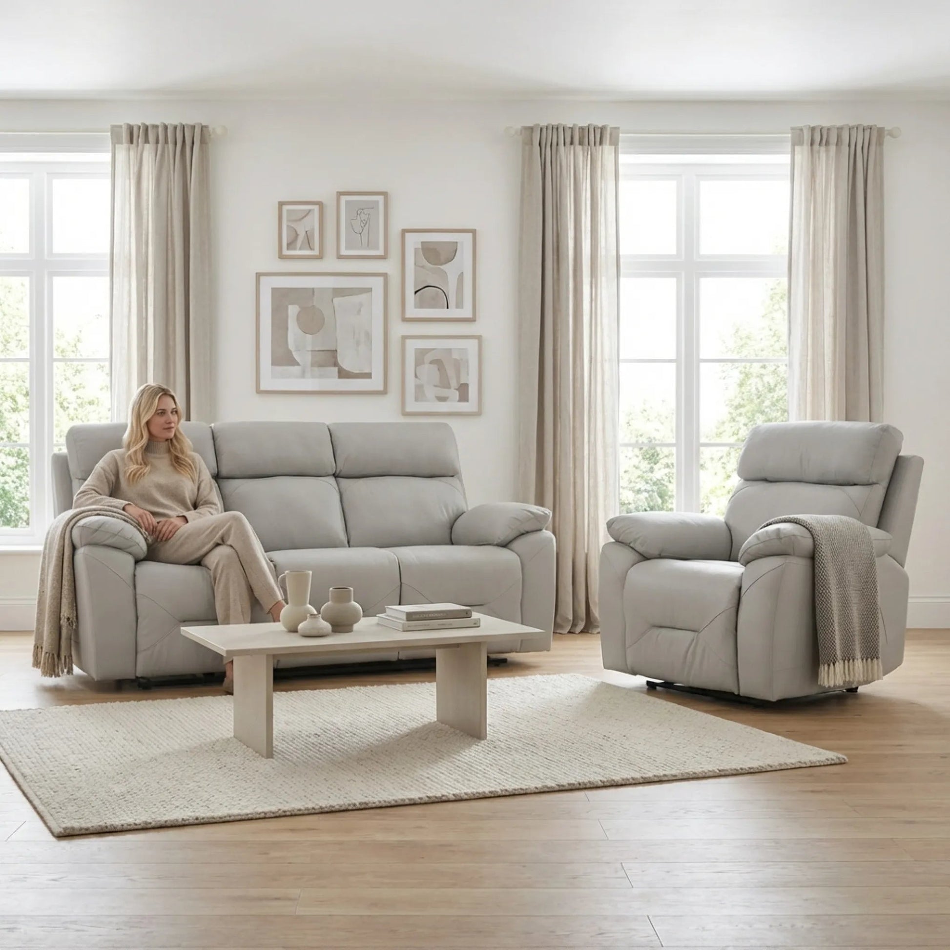 Renato Genuine Leather Light Grey Electric Power Recliner 3+1 Seater Sofa Set - Furniture Instore
