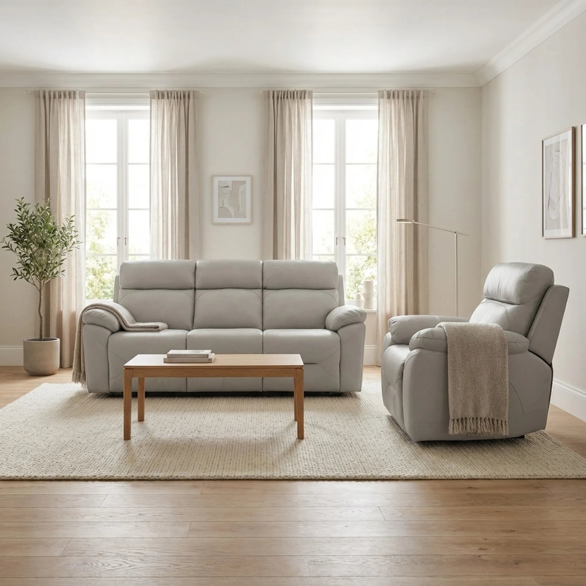 Renato Genuine Leather Light Grey Electric Power Recliner 3+1 Seater Sofa Set - Furniture Instore