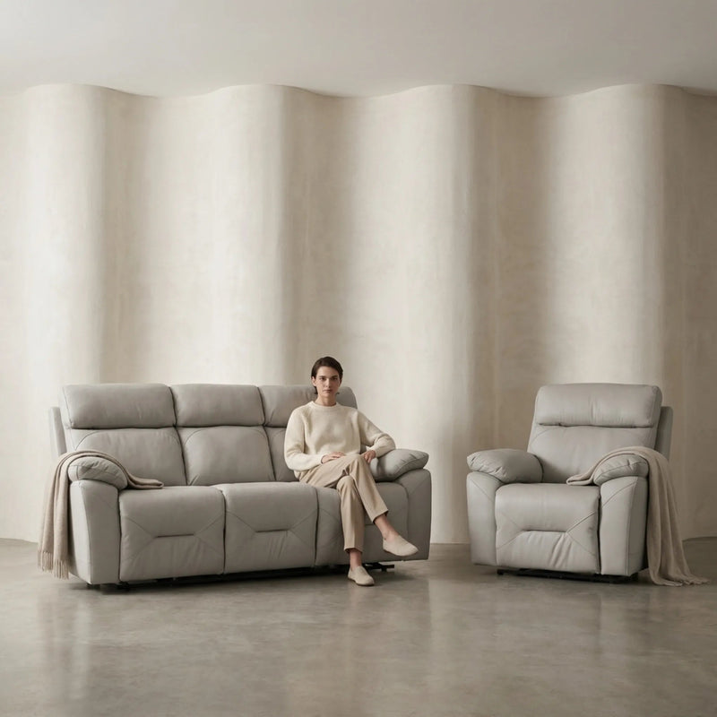 Renato Genuine Leather Light Grey Electric Power Recliner 3+1 Seater Sofa Set - Furniture Instore
