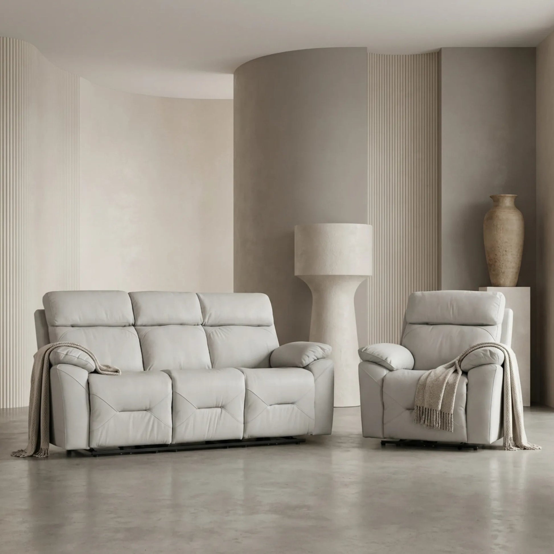 Renato Genuine Leather Light Grey Electric Power Recliner 3+1 Seater Sofa Set - Furniture Instore