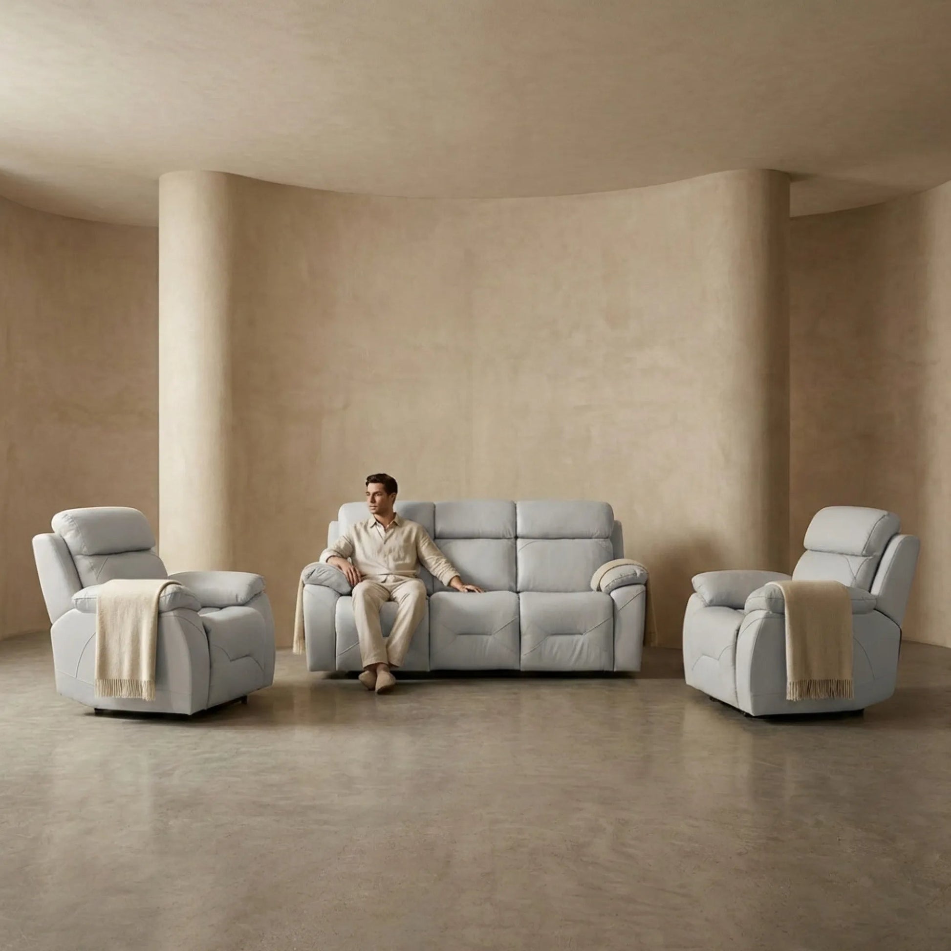 Renato Genuine Leather Light Grey Electric Power Recliner 3+1+1 Seater Sofa Set - Furniture Instore