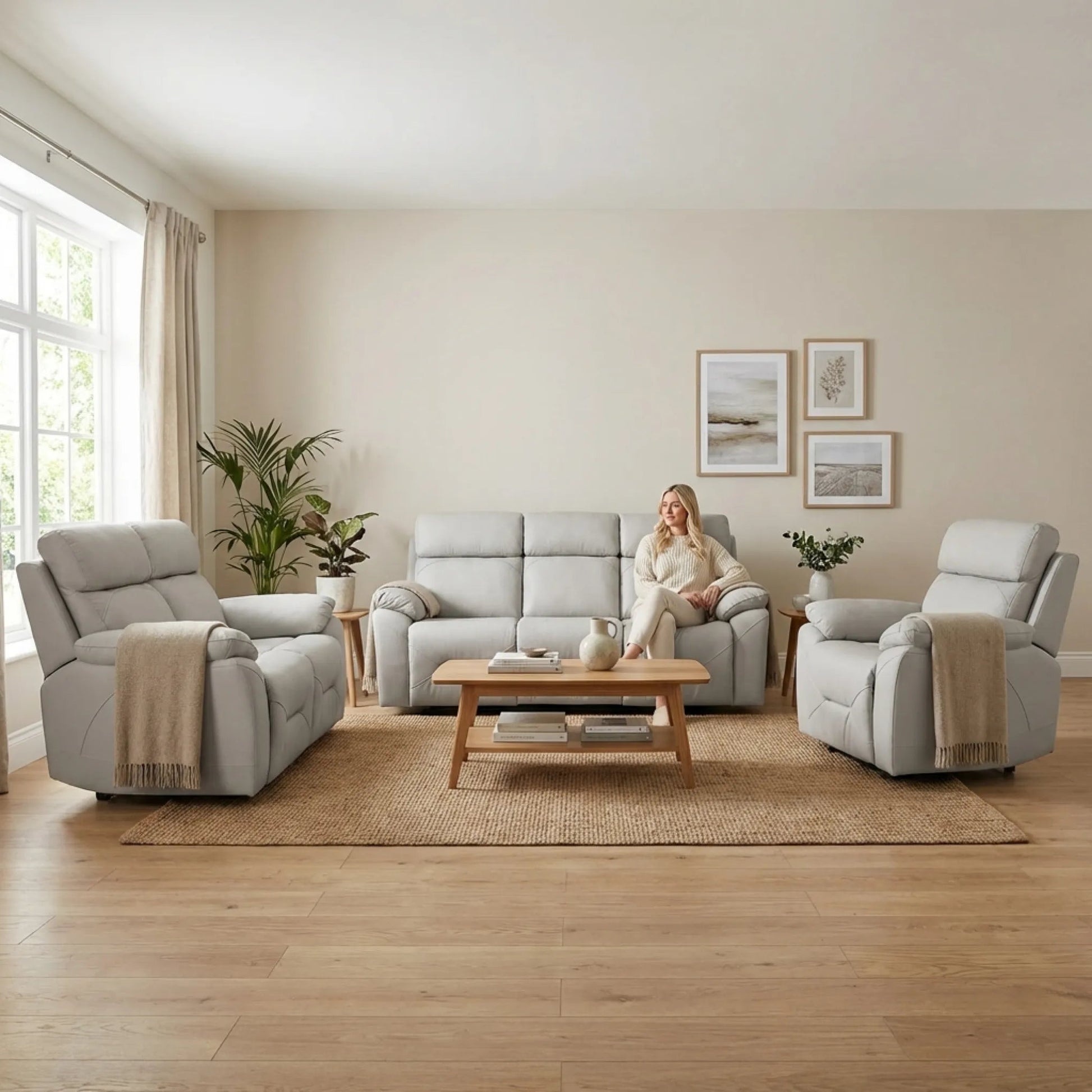 Renato Genuine Leather Light Grey Electric Power Recliner 3+2+1 Seater Sofa Set - Furniture Instore